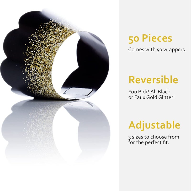 Pretty Cute Studios Black/Gold Graduation, Retirement Cupcake Wrappers, 50 Count, Adjustable Size, Faux Gold Glitter Design, Disposable Cupcake Wrappers - Image 3